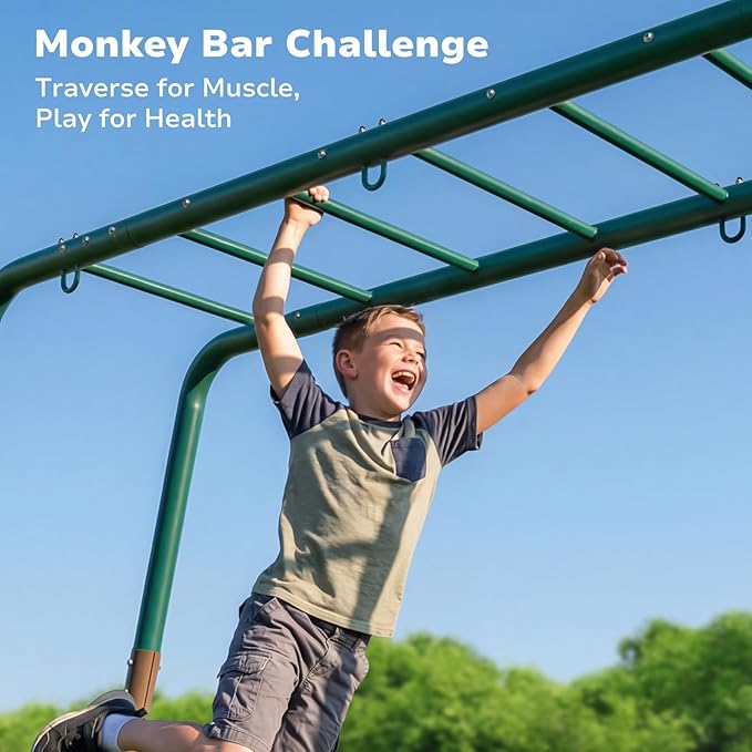 Hapfan Swing Sets for Backyard with Monkey Bars, Trapeze Bar & 2 Belt Swings, Heavy Duty Metal Playground Sets for Kids, Outdoor Jungle Gym Playset (Green & Brown)