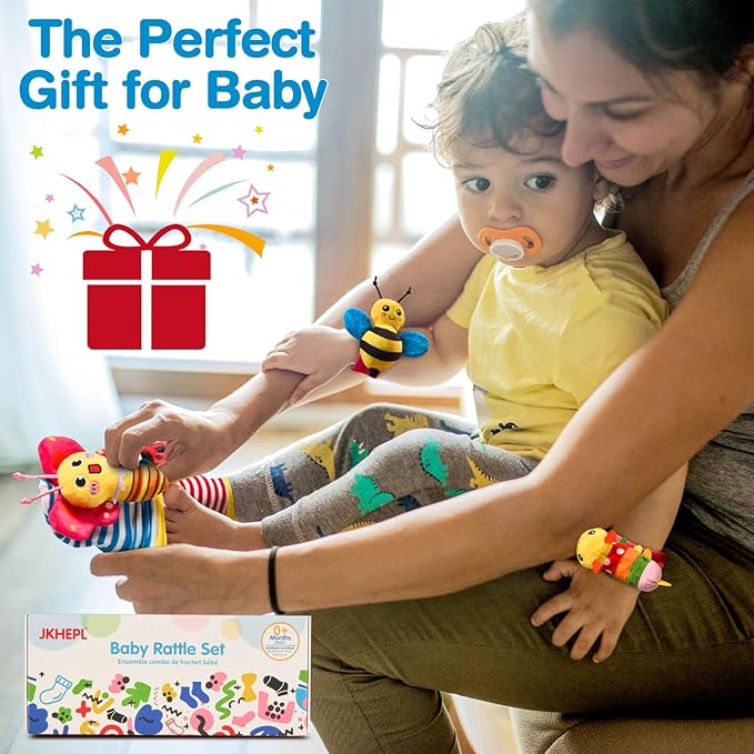 Baby Rattles Toys for 0-6 Months - Infant Toys 0-3 Month Old Baby Boy Girl Gifts Set with Teething and Wrist Socks Rattle Infant Newborn Sensory Toy Valentines Day Gifts for Kids