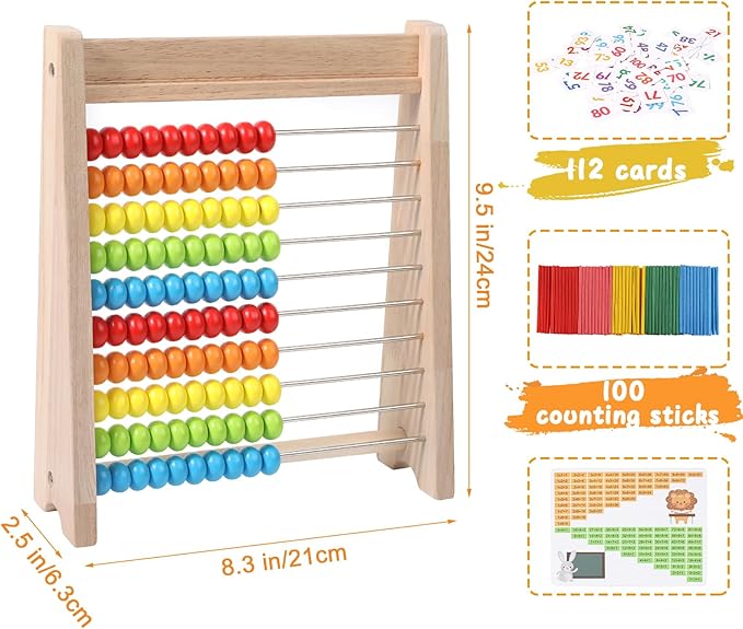 Wooden Abacus for Kids, Math Learning Tool, 10-Row Bead Frame with Counting Sticks, 1-100 Number Cards & Math Symbols, Preschool Educational Toy for Toddlers 3+