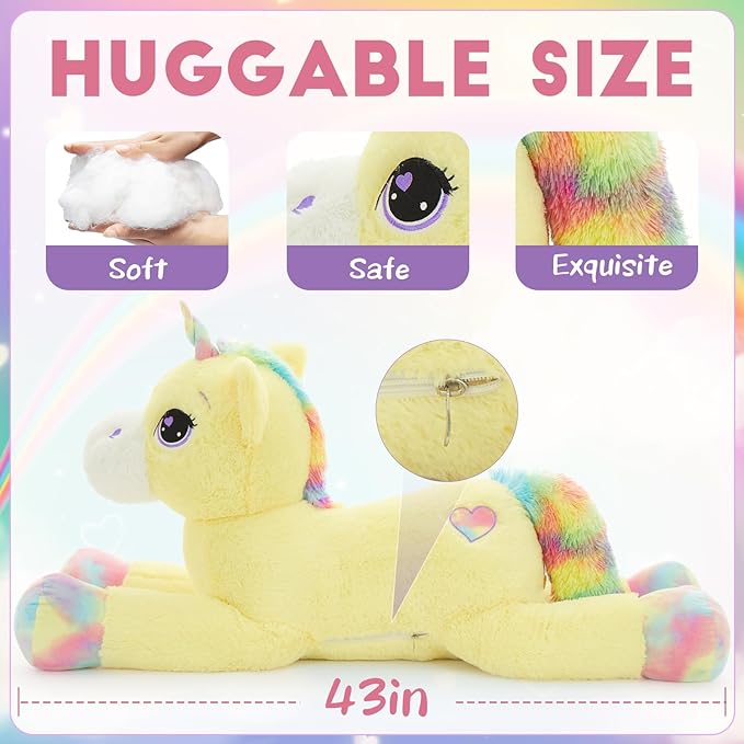 Tezituor 43in Giant Unicorn Plush Toys,Big Yellow Unicorn Stuffed Animals,Lovely Unicorns Birthday Decorations for Children,Great Gifts for Girls Boys Kids
