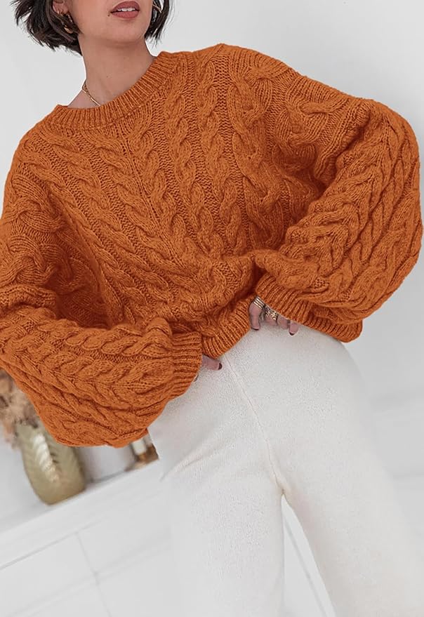 PRETTYGARDEN Womens Sweaters Spring 2026 Cable Knit Long Sleeve Crewneck Oversized Sweater Chunky Pullover Loose Outfits