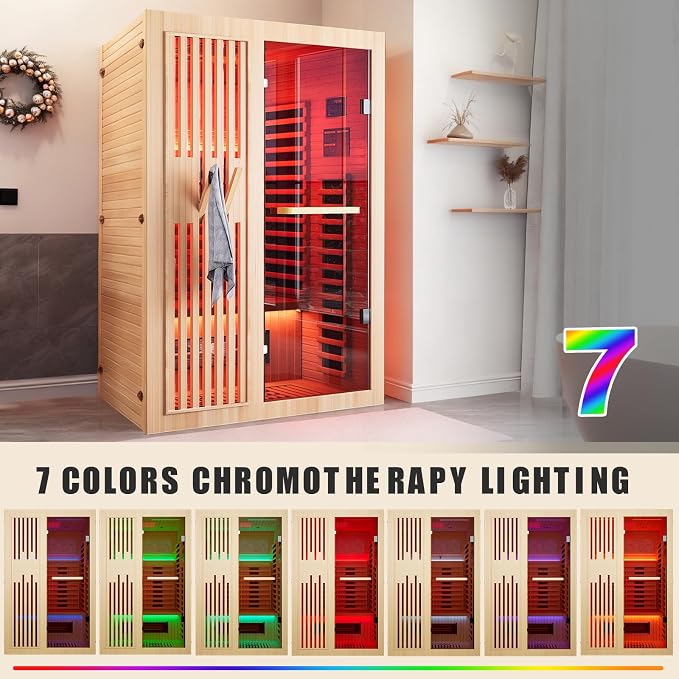 MEISSALIVVE Full Spectrum Sauna for Home, 1-2 Person Indoor Infrared Sauna Room with 10 Minutes Warm-up Heate, Canadian Hemlock Wood Indoor Dry Heat Sauna with Bluetooth and Tempered Glass