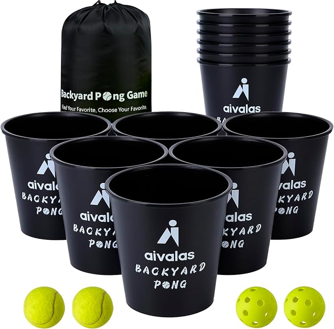 Aivalas Yard Pong Outdoor Games, Giant Yard Games Set with 12 Buckets and Balls for Adults and Family, Toss Game Throwing Games for Beach, Camping, Lawn and Backyard