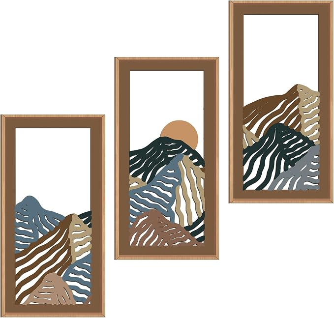 IARTTOP Abstract Mountain Wood Framed Wall Art 8x16 Inch Set of 3 Textured Minimalist Landscape Wooden Wall Decor Modern Colorful Line Artwork for Living room Bedroom Office