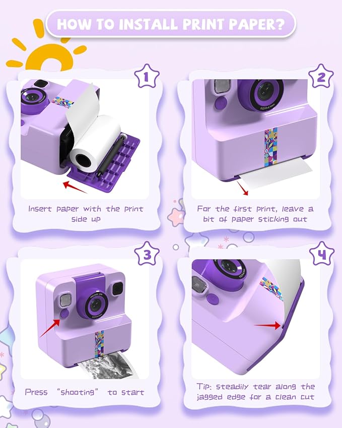 Kids Camera Instant Print, Digital Camera for Kids, 180° Rotating Selfie Lens with 32GB SD Card & 2 Rolls Printing Paper Kids Toy Birthday Gifts for Boys Girls Ages 3-12, Purple