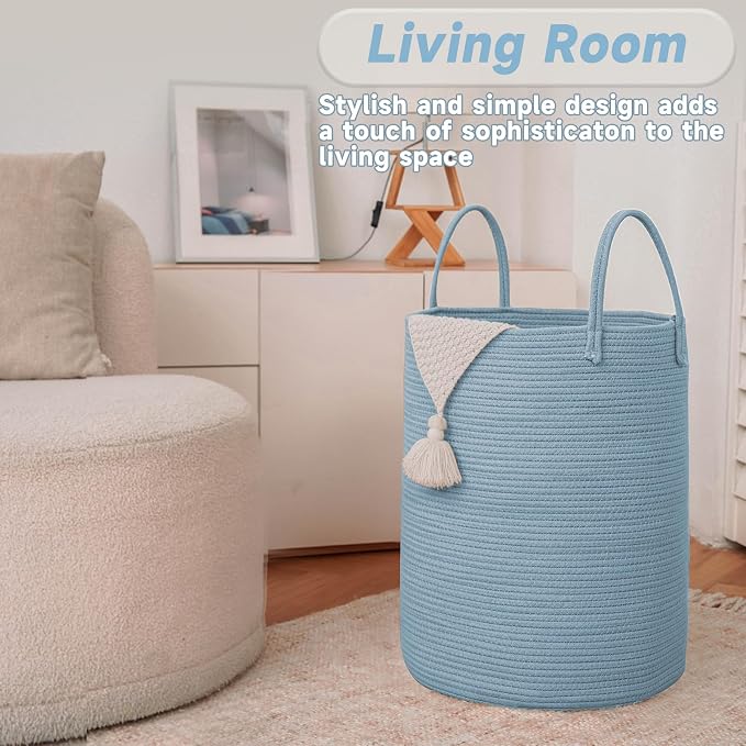 JMvicyroam 80L Cotton Rope Laundry Basket Hamper, Blue | Collapsible laundry basket, reinforced handles, freestanding, machine washable, holds 3-5 thick blankets, clothes or toys