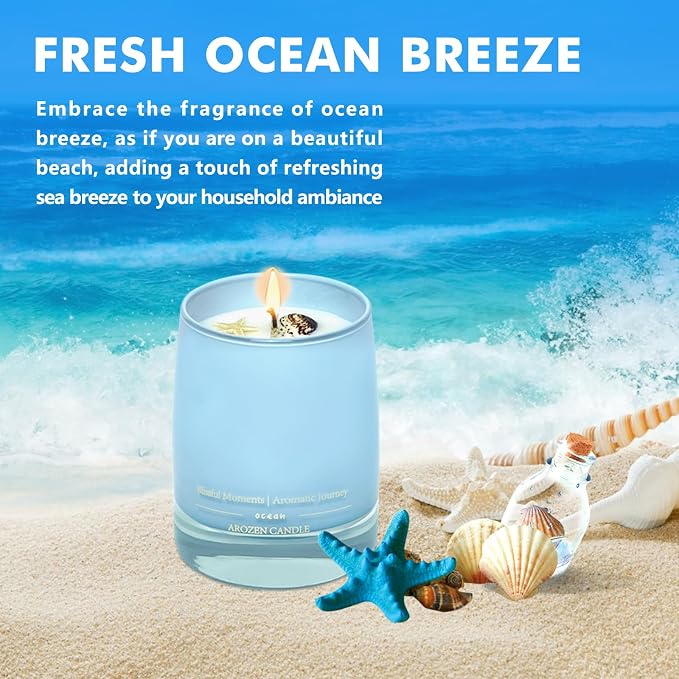 Ocean Scented Candles Gift for Women-10oz Aromatherapy Sea Beach Soy Candles for Home Scented with Healing Crystal inside-55H Burn Gifts for Valentine's Day, Birthday, Women, Mother's Day