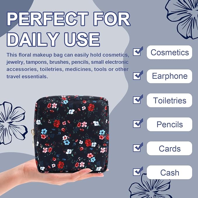 UIXIZQ Waterproof Mini Floral Makeup Bag Pouch for Purse,Nylon Flower Cosmetic Travel Bag Small Preppy Toiletry Organizers Bag for Women Girl,Cute Zipper Pouch Coin Purse for Work(Mini Black-Flowers)