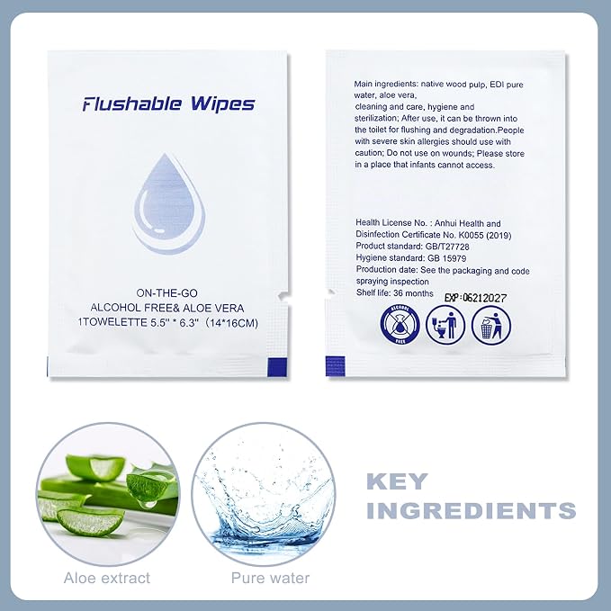 100 Flushable Wipes Travel Size Individually Wrapped for Women and Men | Unscented Wet Wipes Travel Size with Aloe Vera,Pure Water,Alcohol Free for Adult,Women,Men,Girl and Homeless(White)