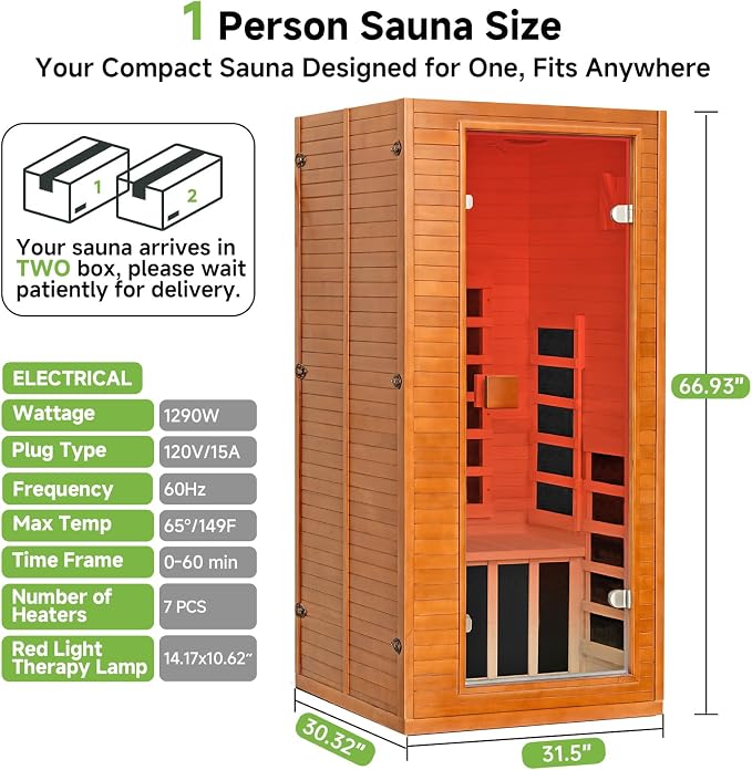 Real Relax Infrared Sauna with 660 & 850nm Red Light Therapy, Full Spectrum Sauna with 7 Heater, 1290w 120v, Fast Heat-Up, 1 Person Canadian Hemlock Wood Dry Sauna for Indoor, Home Gym, 31.5*30.3*67"