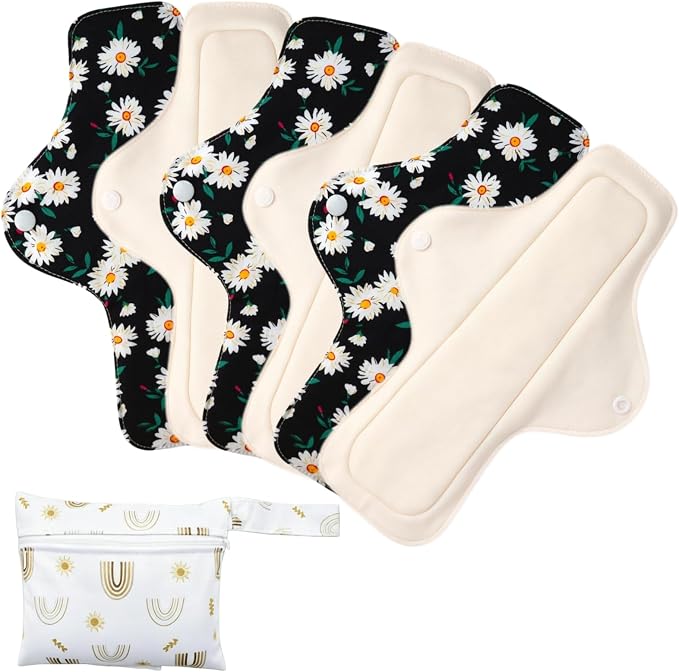 Washable Menstrual Pads,Reusable Incontinence Pads,Panty Liners Pads,Period Pads Sanitary Napkins,with 1 Storage Bag,for Women Postpartum/Incontinence Patients(Cotton Blue flower/L/6pcs)