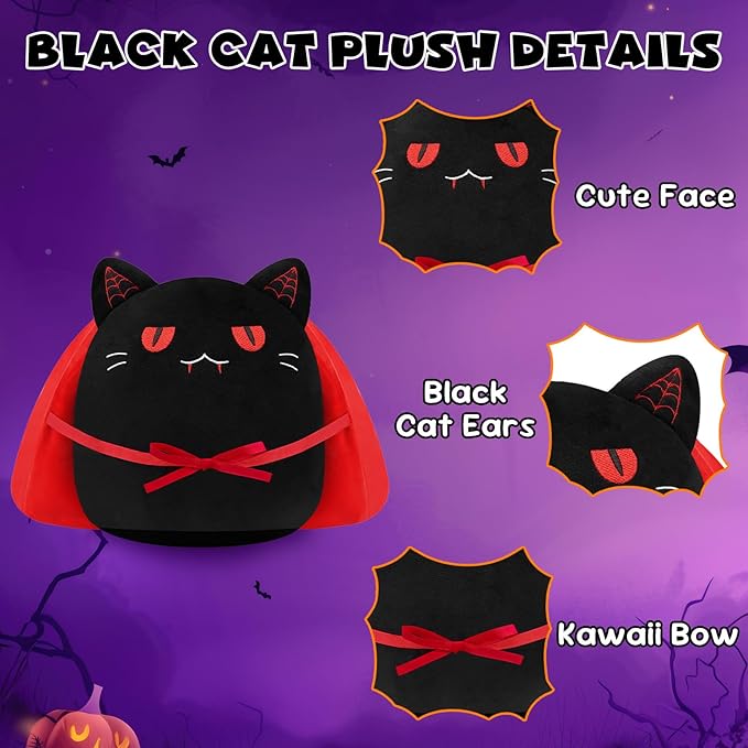 Halloween Pumpkin Plush Toy, Reversible Vampire Black Cat Stuffed Animal with Red Cloak, Cute Halloween Plushies Gift and Party Decoration for Boys Girls 10 Inch