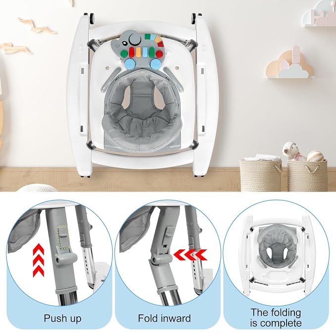5-in-1 Baby Walker for Boys and Girls Music and Lights 6-18 Month, Foldable Baby Walkers with 5 Adjustable Heights, Infant Toddler Walker with Wheels and Bouncer Combo Portable (White)