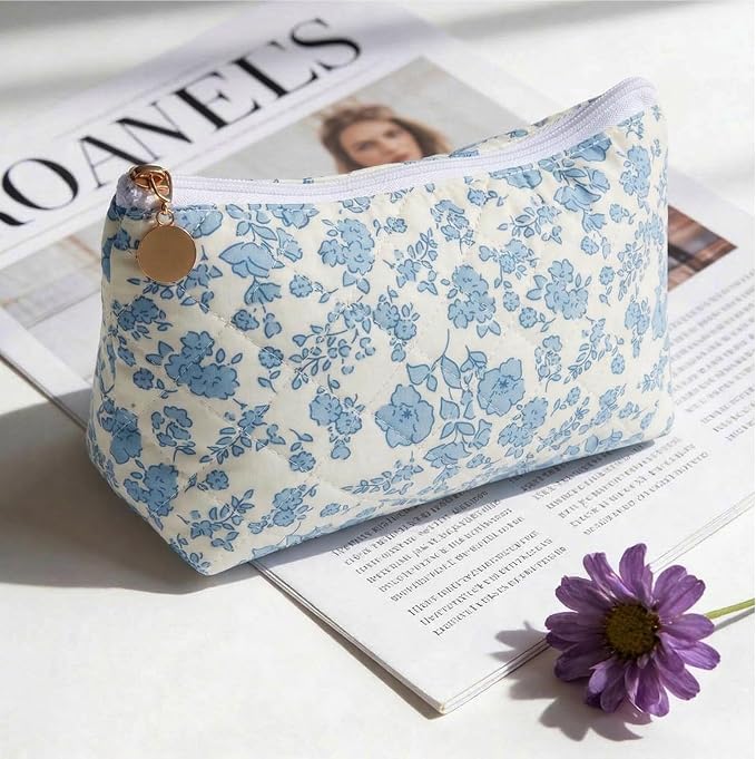Quilted Cotton Makeup Bag, Coquette Quilted Toiletry Bag for Women and Girls, Floral Coquette Pouch, Cute Kawaii Travel Cosmetic Bags (Blue Floral)