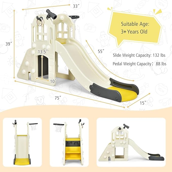Generic FUTADA 6 in 1 Toddler Slide, Indoor & Outdoor Playground Set with Basketball Hoop, Ring Toss, Telescope, Crawl Through Space, Kids Climber Slide Gift for Indoors Outdoor Boys Girls (Yellow)