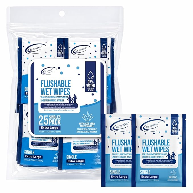 Air Jungles Flushable Wipes Travel Size Individually Wrapped 25 Ct | On-the-Go Butt Wipe with Aloe Vera & Vitamin E, Ultra Soft and Large for Adult and Kid, 97% Water - XL 7 X 7 in, Fresh Scent