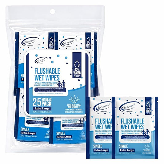Air Jungles Flushable Wipes Travel Size Individually Wrapped 25 Ct | On-the-Go Butt Wipe with Aloe Vera & Vitamin E, Ultra Soft and Large for Adult and Kid, 97% Water - XL 7 X 7 in, Fresh Scent