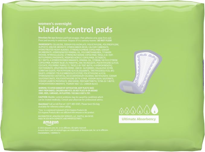 Amazon Basics Incontinence Pads for Women, Postpartum, Bladder Control, Overnight Absorbency, Unscented, with Odor Control, 60 Count (2 Packs of 30)