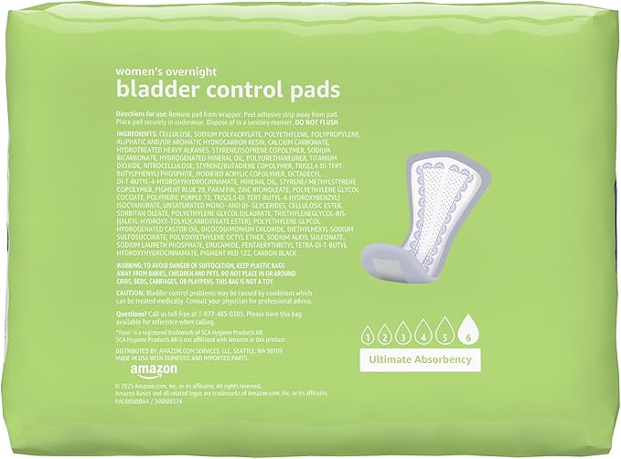 Amazon Basics Incontinence Pads for Women, Postpartum Pads, Bladder Control, Overnight Absorbency, Fresh Protection, Unscented, 30 Count