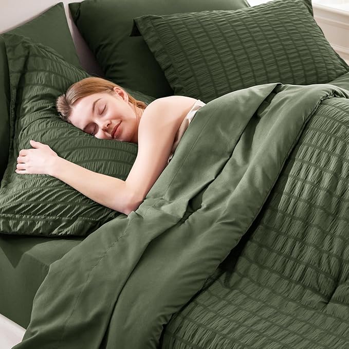 CozyLux King Size Comforter Set Olive Green Seersucker 7 Pieces Bed in a Bag King Comforter Set with Sheets, Luxury Soft Bedding Sets with Down Alternative Comforter, Sheets, Pillowcases & Shams
