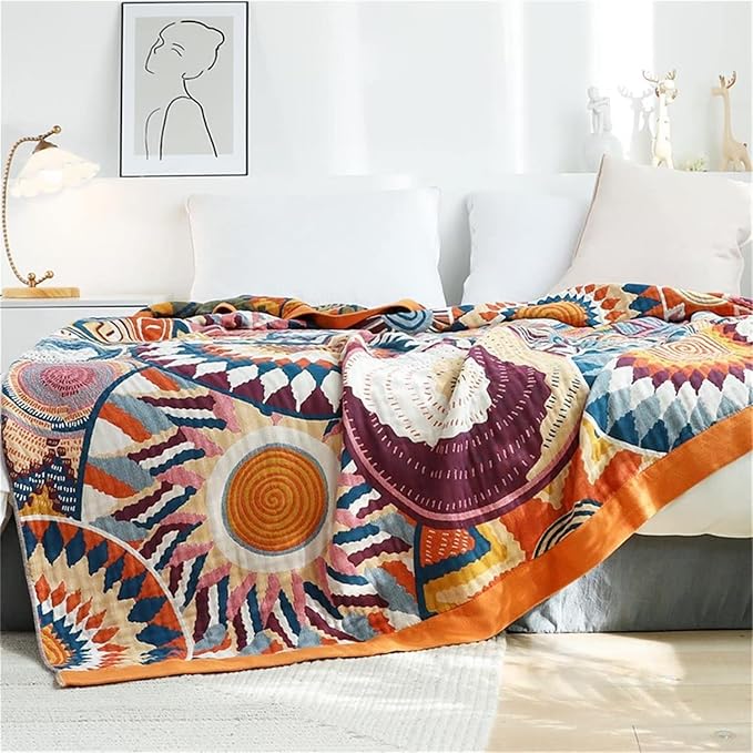 MSGKV Boho Throw Blanket 50"x60" Summer Cotton Colorful World Blanket | 100% Cotton Muslin, Decorative Throw Blanket, Reversible Weave, Soft & Breathable, Cozy Home Decor, Machine Washable