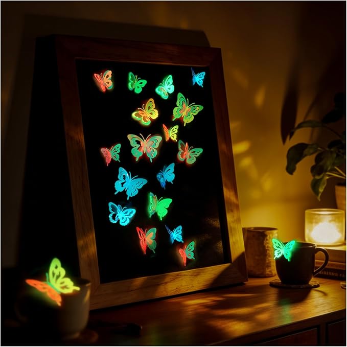 Glow in the Dark Holographic Butterfly Wall Decorations Luminous Color-Changing 3D Butterflies, Multi-Size & Multi-Color, Glowing Wall & Party Decor for Bedroom, Wedding, Garden, Event