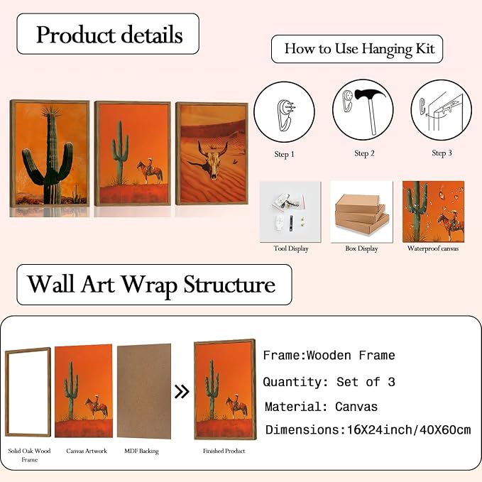 Framed Western Cowboy Canvas Wall Art Set of 3, Vintage Desert Cactus Pictures Wall Decor, Longhorn Bull Skull Paintings Prints Southwestern Home Decor for Living Room Bedroom 16x24 inch