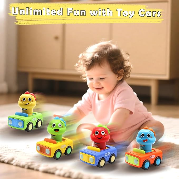 Pbooo Press to Go Toddler Toy Cars, Dinoaur Car Toys for Toddlers 1-3, Kids' Play Vehicles and Race Cars, Push Go Cars for 6-12-18 Month, Ideal Christmas and Birthday Gift for 1-2 Year Old Kids