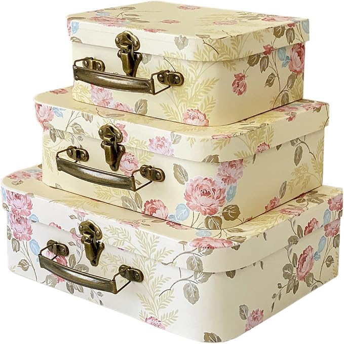Paperboard Suitcases(Set of 3), Gift Boxes With Lids For Presents, Photo Storage, Dolls, Perfect for Home Decoration, Baby Shower Wedding, Birthday, Christmas and New Year Decor(Yellow Flowers)