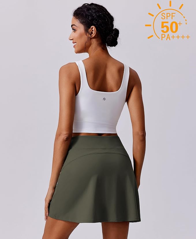 PINSPARK 17" Golf Skorts for Woman High Waisted Tennis Skirt with 4 Pockets | Lightweight, Quick Dry, 4-Way Strecth, Breathable, Tummy Control, UPF 50+ Athletic Skort for Workout, Pickleball, Gym, Casual