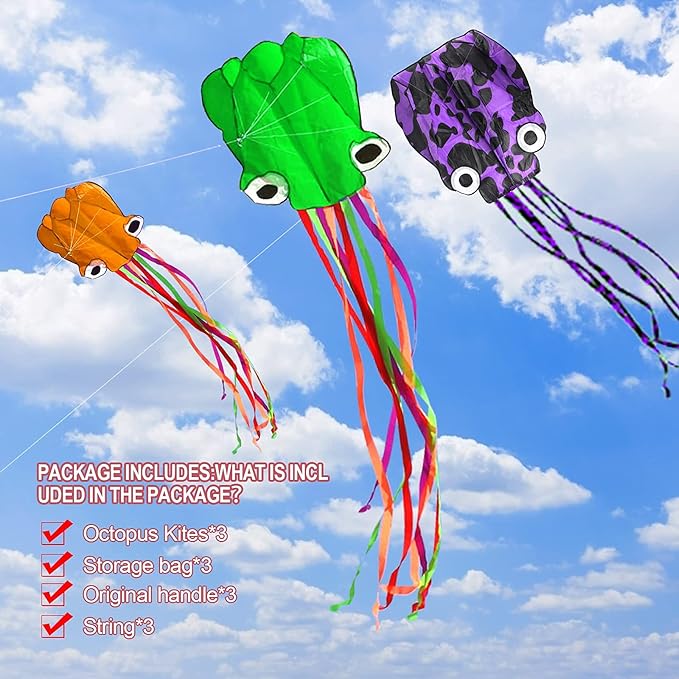 3 Pack Octopus Kite - 3D Beach Kites for People & Kids (Blue, Green, Red) - Easy to Fly, Kite Kit with 100M String
