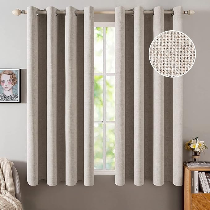 MIULEE Blackout Curtains for Bedroom Linen Texture Solid Thermal Insulated Natural Khaki Grommet Room Darkening Curtains & Drapes Luxury Decor for Living Room 52x54 Inch (2 Panels)