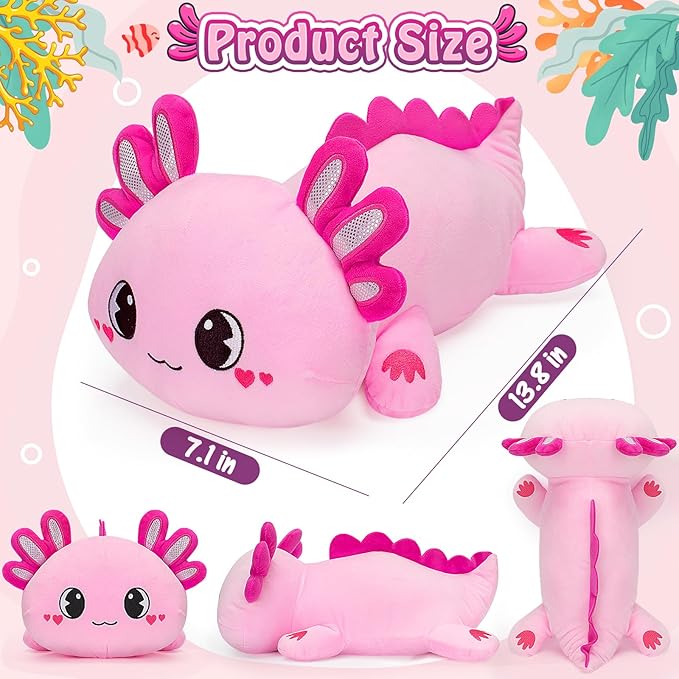 Officygnet Axolotl Plush, 13" Soft Stuffed Animal Plush Toy, Cute Axolotl Plush Pillow, Kawaii Plushies Dolls for Kids, Pink Axolotl Gift for Girls Boys