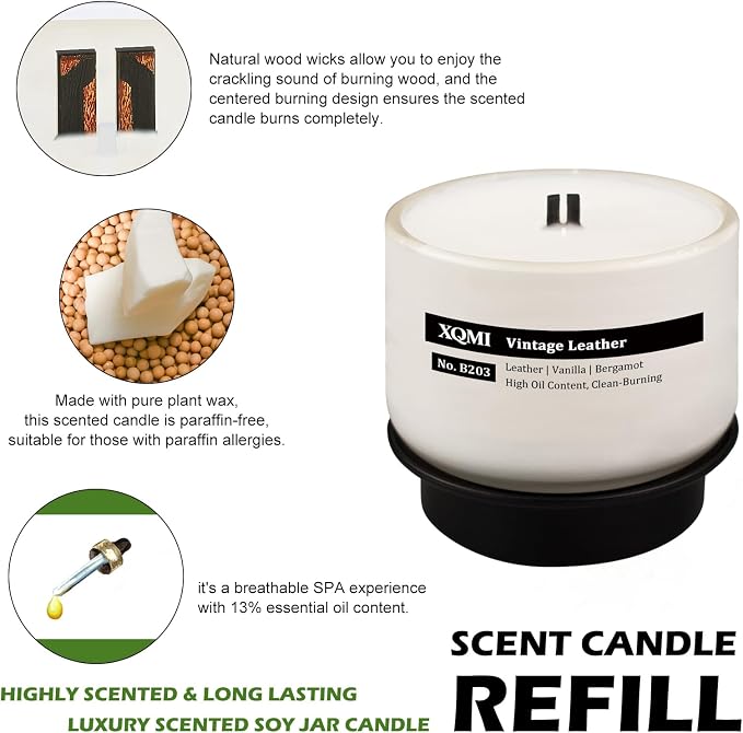 Smart Scented Candle Replaceable Refill with smart chip, Vintage Leather, 4.25oz Large Jar with up to 35 Hour Burn, Giftable