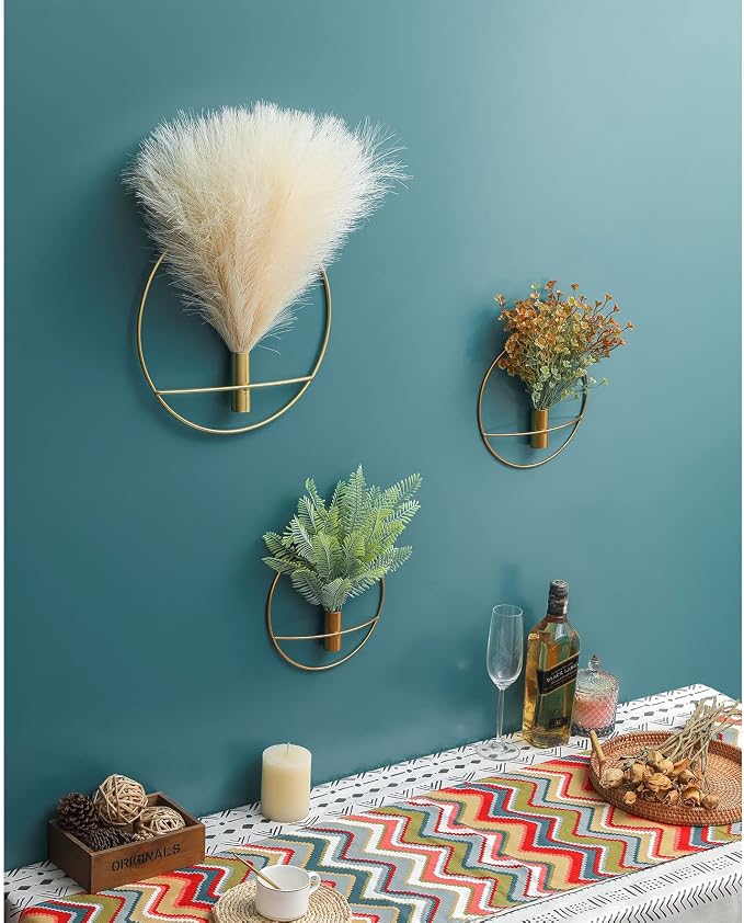 Pretty Jolly Boho Pampas Wall Decor Gold Metal Wall-Mounted Art | Morden Artificial Greenery Display，2 Pack Large Gray Hanging Planter For Living Room, Bedroom, Bathroom, Dining room