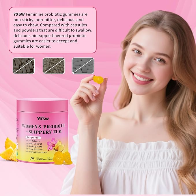 Women's Probiotics Slippery Elm Gummies, Sugar-Free Feminine Probiotics Gummies Support pH Balance, Gut Health & Immune System, Pineapple Flavor, 60 Count