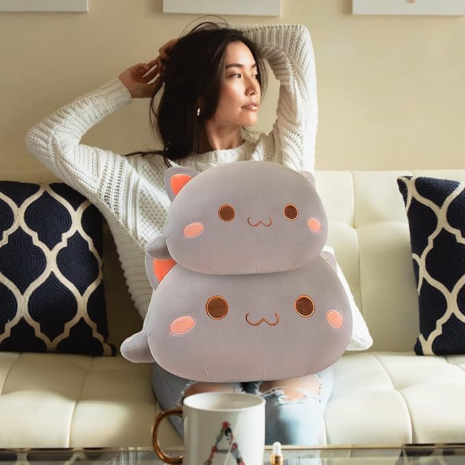 FUYU Cat Stuffed Animals, Soft Cat Plush Pillow Kawaii Kitten Stuffed Animal Toy Gifts for Kids Boys Girls Room Decor (Grey Round Eyes,27in/67cm)