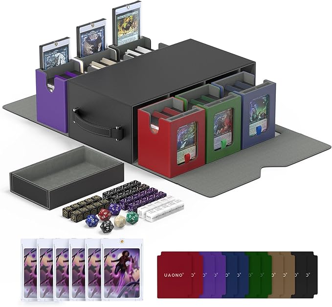 UAONO Commander Deck Box for MTG, 6-Deck Modular Card Case with Dice Tray Hold 600+ Double-sleeved Cards, Trading Cards Storage Box with MTG Dice 35PT Magnetic Card Holders, Multicolour Limited