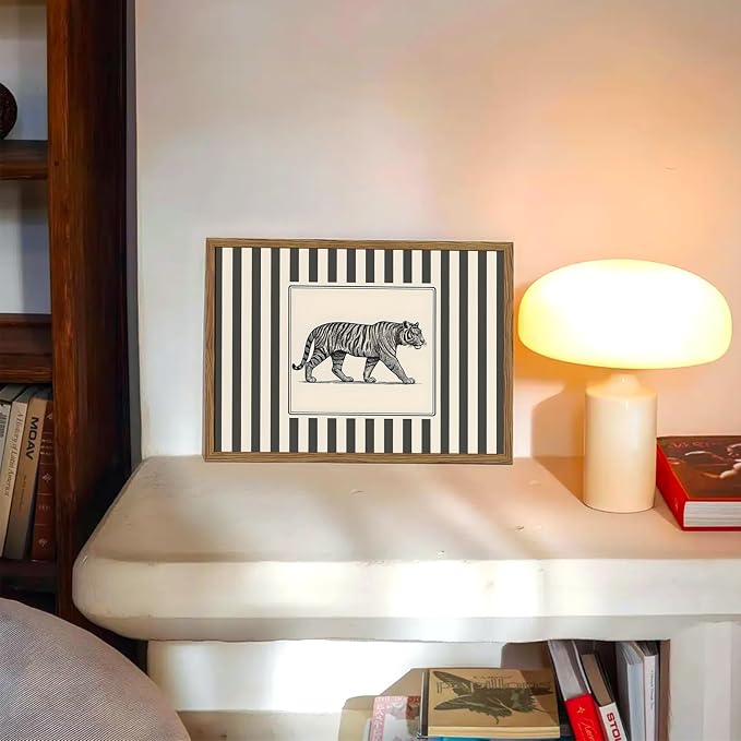 Vintage Tiger Wall Art Wildlife Wall Decor Pictures Black and White Stripe Jungle Animal Poster Canvas Painting Print for Bedroom Living Room Bathroom 16x24 inch Wood Framed