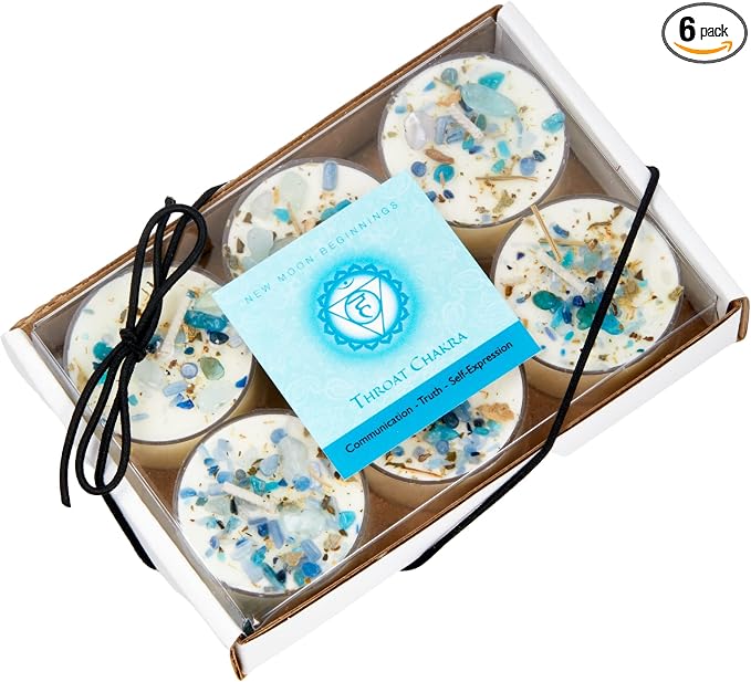 Throat Chakra Candle by New Moon Beginnings - Chakra Candles - Dried Flower, Herb, & Crystal Candles - Aromatherapy Candles - Soy Candle - Set of 6 Tealights