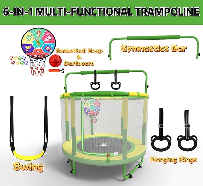 LANGXUN 60" Trampoline for Kids, 5ft Toddler Mini 6-in-1 Trampoline Indoor Outdoor with Swing, Basketball Hoop, Dart Board, Gymnastics Bar, Rings, Christmas Toys Birthday Gifts for Girls Boys