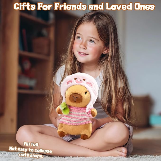 10.2" Brown Capybara Plush Toy with 9 Clothes and Accessories Super Soft Capybara Stuffed Animal for Kids Girls Boys (Yellow Capybara)