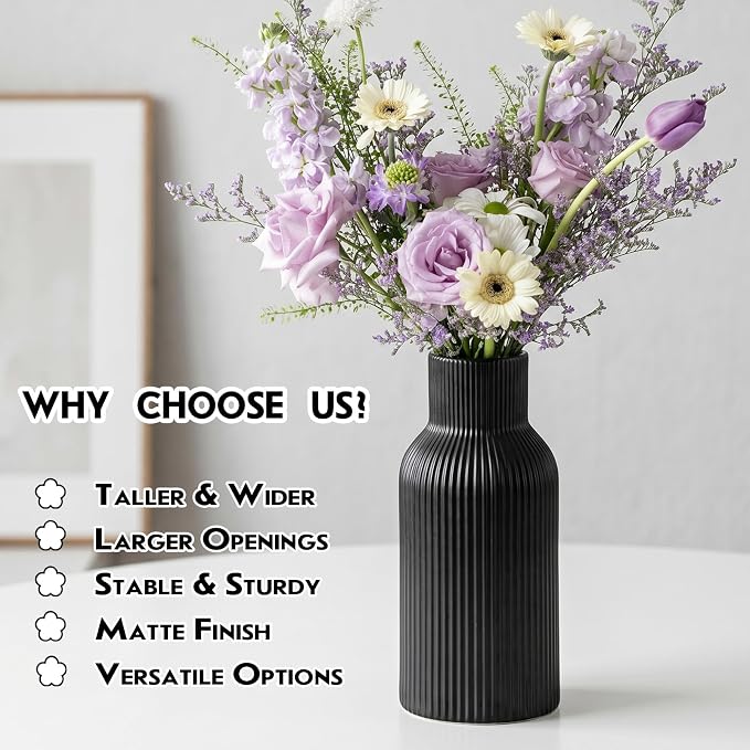 Black Ceramic Tall Vase,Modern Smooth Vertical Ribbed, Nordic Minimalist for Pampas, Dried & Fresh Flowers, Home Decor for Living Room, Coffee Table, Bookshelf, Entryway, Farmhouse