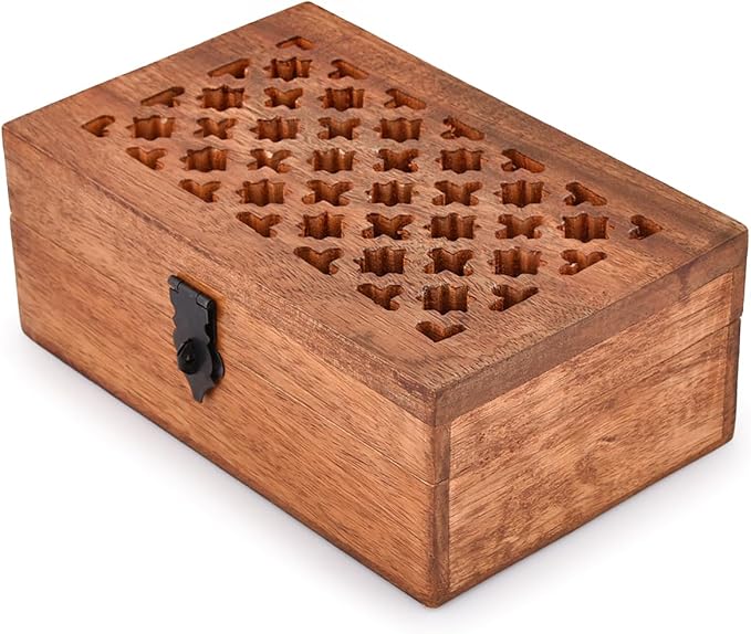 Mango Wood Decorative Wooden Box with Hinged Lid Wooden Storage Box, Decorative Bo xes With Lids (8" x 5" x 3")