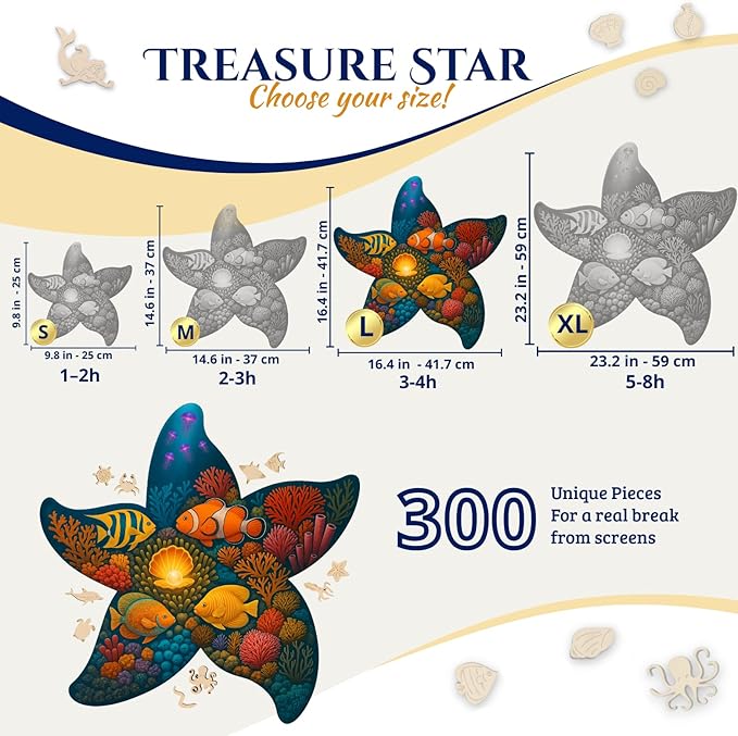 Goldbird Premium Wooden Puzzles for Adults - 300 Piece Wood Puzzles - Relaxation & Brain Training - Whimsical Pieces - Premium Gift Box - Starfish Jigsaw Puzzle - 16.4 × 16.4 in