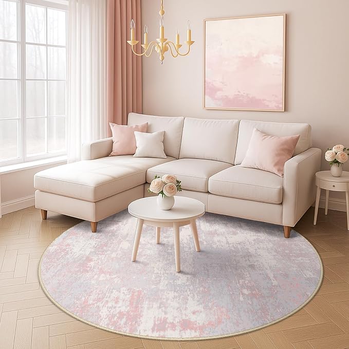 RELEANY Washable Area Rugs 4ft Non-Slip Modern Abstract Soft for Living Room Entryway Bedroom Kitchen, Print Pattern, Grey Pink