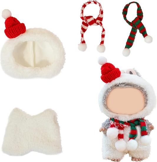 Clothes for Labubu Doll,6.7 Inch Doll Clothing Set - 4 Pieces of Handmade Clothes and Accessories for 17cm Plush Toys - Santa Hat Head Cover + Snowman Clothes + Red Striped Scarf + Green Striped Scarf