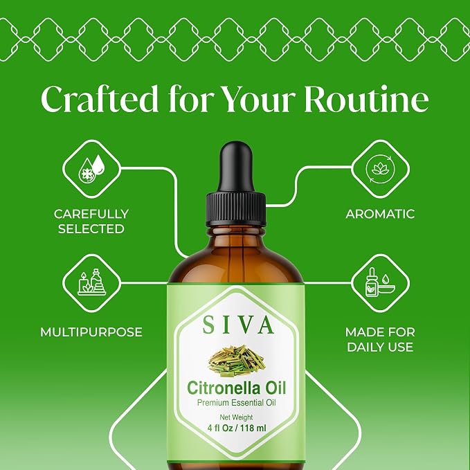 Siva Citronella Essential Oil 4 Fl Oz – for Diffuser, Skin & Hair Care – Ideal for Massage & DIY Blends- with Dropper