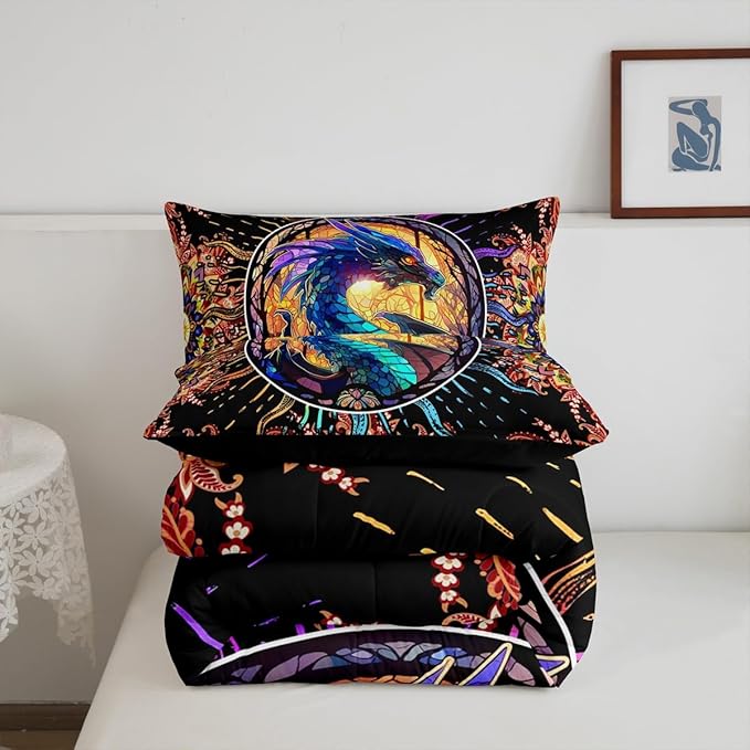 Feelyou Dragon Comforter Set Full Size Dragon Stuff Comforter for Boys Girls Teens 3D Print Animal Bedding Set Dragon Decor Duvet Set Room Decor Golden Quilt Set