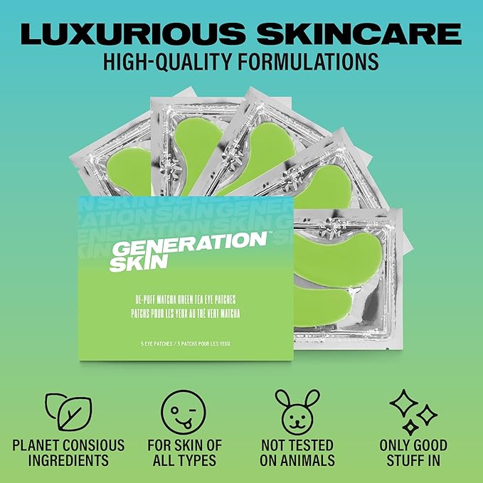 Generation Skin Eye Patches for Dark Circles and Puffiness, Under Eye Mask with Hyaluronic Acid and Matcha Green Tea, Vegan and Cruelty-Free Under Eye Patches, Green Tea Eye Masks, 5-Pack